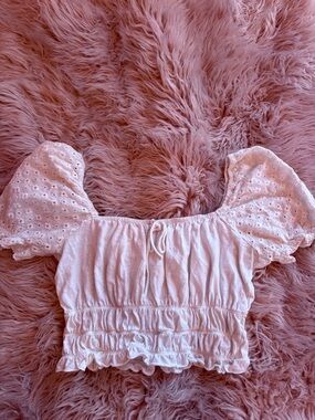 Womens Pink Puff Sleeve Cropped Peasant Top